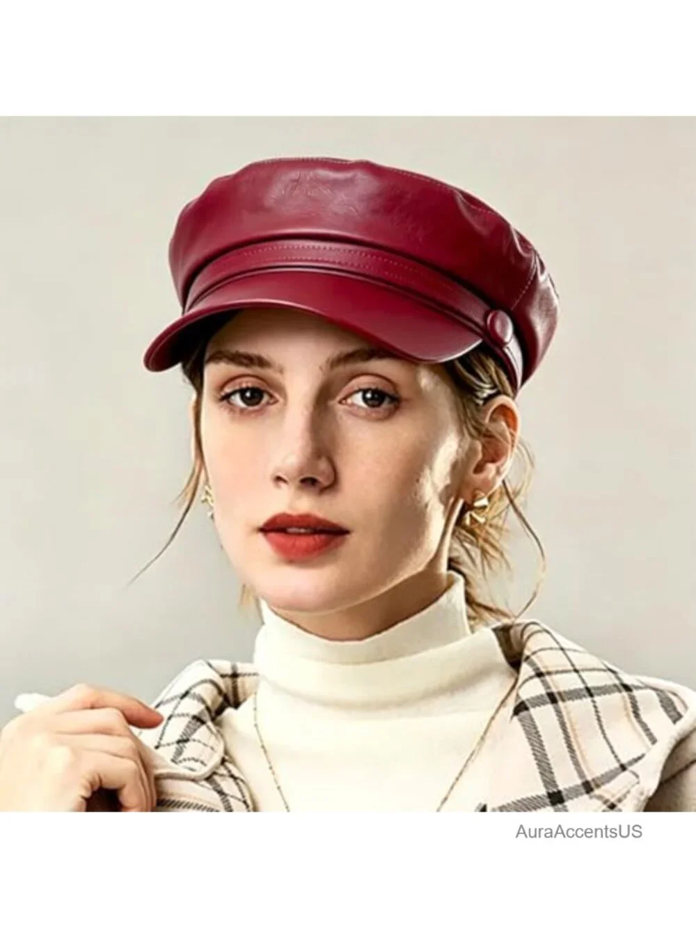 PU Leather Newsboy Cap Vintage Military Flat Top Beret Hat Women